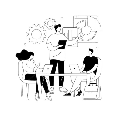 People collaborating with laptops and forms